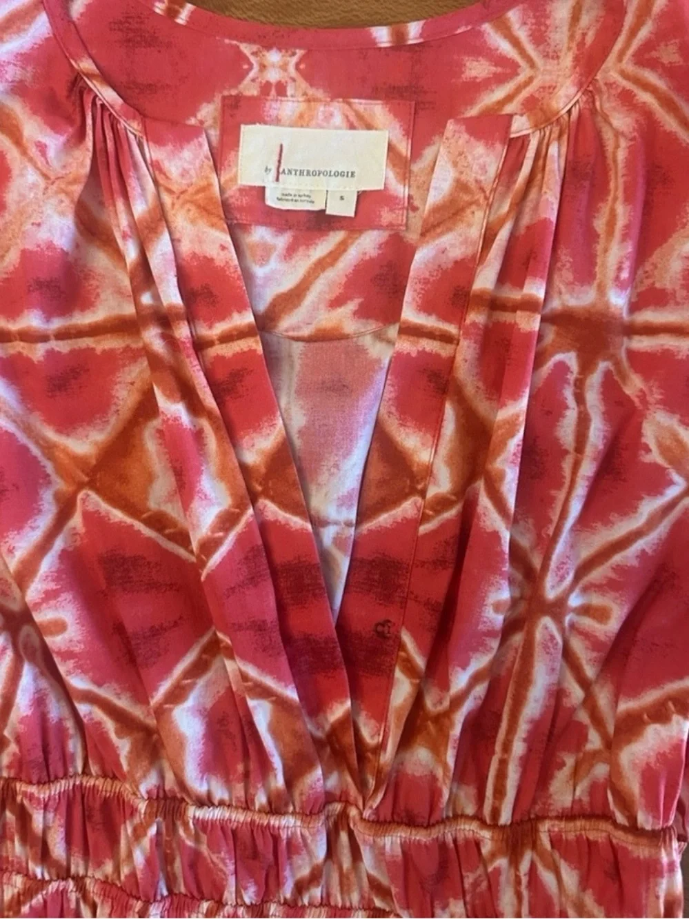 Anthropologie Somerset Mini Dress Pink Orange Tie Dye Smocked Waist Size:Small